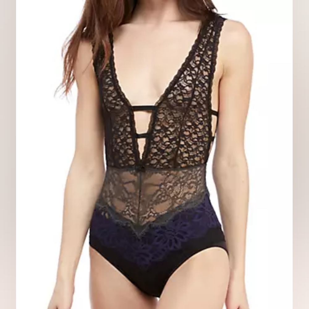 Free People Intimately Not Yours allover lace cutout cheeky bodysuit